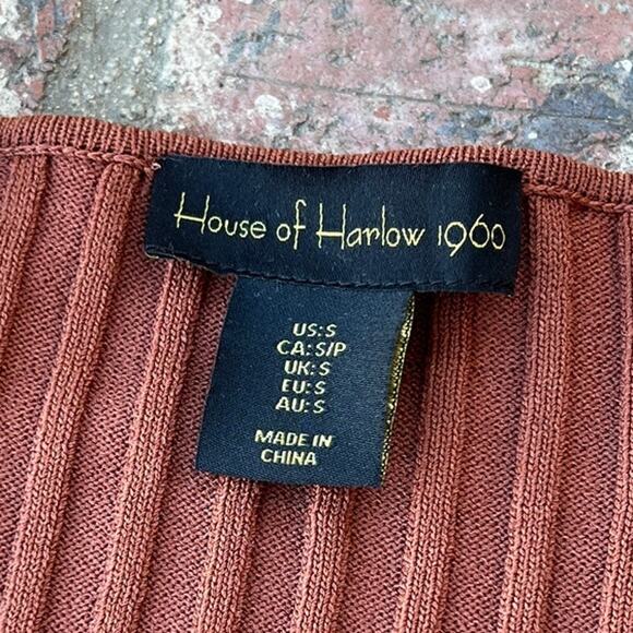 House of Harlow 1960 Brown Dress Ribbed Cutout Waist Long Sleeve Size S V-Neck - Picture 2 of 3